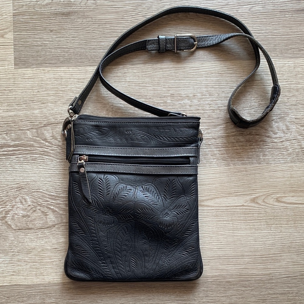 Embossed Black Leather Messenger Bag